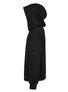 Black pullover hoodie with hood, long sleeves, and side cargo pockets on a white background