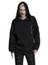 Black pull-over hoodie with hood up, long sleeves, and front pouch pocket on a model