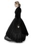 Left side view of Paris Long Coat in black velvet with flared skirt and lace-trimmed bell sleeves