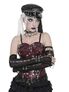 Woman wearing black mesh gloves with strappy arms, a black hat, and dark gothic outfit.