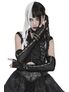 Woman wearing black mesh gloves and a black gothic outfit with long dark hair