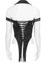 Black lace chain top with crisscross back lacing, open back, and halter neck