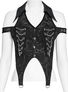 Black gothic chain top with pointed hem, lace details, and cutout shoulders