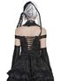 Back view of a black gothic chain top with lace sleeves and corset lacing