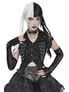 Black Gothic chain top with lace sleeves, corset style front, and split black and white hair