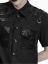 Black short-sleeve industrial shirt with snap buttons, epaulets, chest pockets and rings