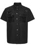 Black men's industrial short sleeve shirt with button front, chest pockets, and epaulets