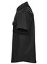Black short sleeve industrial shirt with shoulder patches shown in side view
