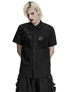 Black men’s industrial shirt with button front, short sleeves, and shoulder details