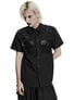 Black men's industrial shirt with short sleeves, button front, and embroidered details