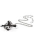 A silver chain necklace featuring a black cat riding a broomstick with a moon design.