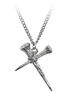 A silver pendant necklace featuring two crossed nails with a textured design.