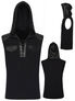 Black hooded sleeveless shirt with lace-up front and side cutouts, shown front and back