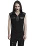 Black sleeveless hooded shirt with front zipper and chest pockets, worn by a model