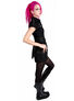Side view of Rocka Zip Black Dress with short sleeves, zip front, silver grommet belt, and mini length