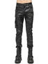 Front view of black Shadow Infantry Pants with camouflage pattern, cargo pockets, and tapered fit