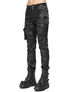 Front view of Shadow Infantry Pants in black with a distressed camouflage pattern, cargo pockets, and belt loops