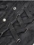 Close-up of the Shadow Piercer button-up vest showing black fabric, buttons, and strap details.
