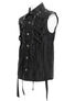 Black button-up vest with a sleeveless design and decorative lacing on the front.