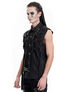 A model wearing a sleeveless black button-up vest with multiple pockets and a stylish design.