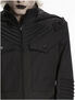 Black hooded coat with zip front, chest pocket, ribbed sleeve panels, and button details