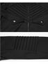 Black hooded coat detail with snap flap pockets and vertical stitched pleats