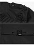 Black men's hooded coat with buttoned shoulder strap and front buckle detail.