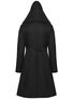 Black hooded men's coat shown from the back with long sleeves and waist tie