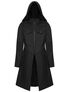 Black hooded men's coat with front zip, chest pockets, ribbed shoulders, and flared hem