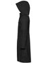 Black hooded men's coat with long sleeves and ribbed side panels, shown in side view