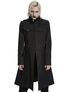 Men's black hooded coat with long front panels and buttoned chest pockets.