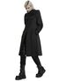 Black hooded long coat worn with black boots on a model, side view