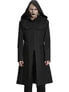 Man wearing a black hooded long coat with button front and angled panel details