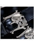 Close-up of BROGUE-06 Skull Buckle Boots with silver skull and crossbones buckles on black patent straps