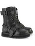 Black lace up platform boots with straps, buckles, and thick soles, shown in side view.
