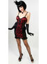 Vaudeville Vamps dress in red and black with lace panels, fringe hem, and spaghetti straps