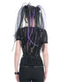 Back view of a black slashed top with a fitted design and colorful hair extensions.