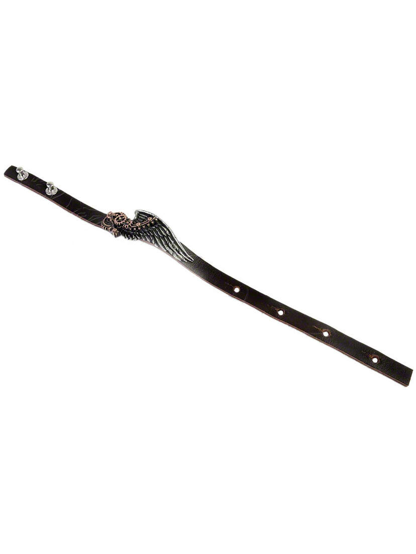 The Black Baron Technician's Wingstrap black leather strap with silver wing and skull detail, multiple snaps