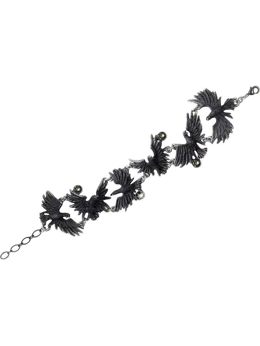 Flocking Ravens Bracelet with black metal raven silhouettes linked together, adjustable chain clasp