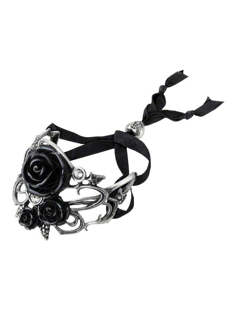 Bacchanal Rose Bracelet with black resin roses, silver-tone metal filigree, and black ribbon tie