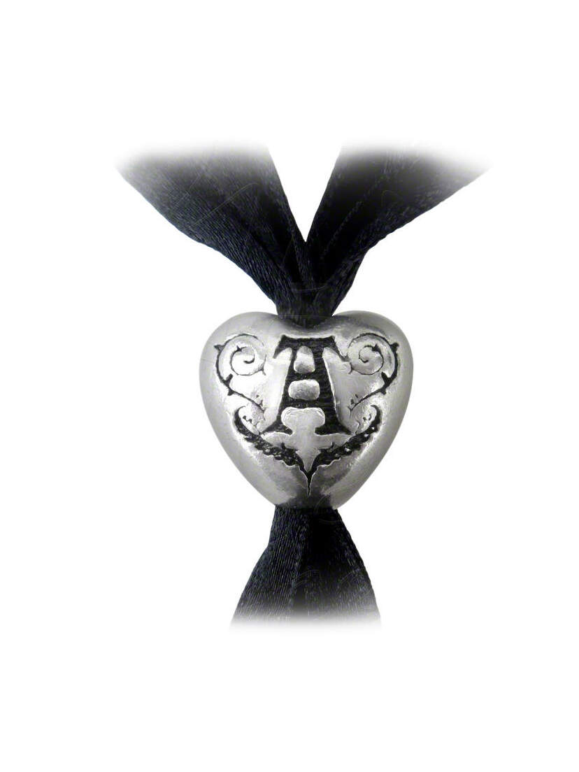 Bacchanal Rose Bracelet with silver heart charm engraved with ornate letter A on black ribbon
