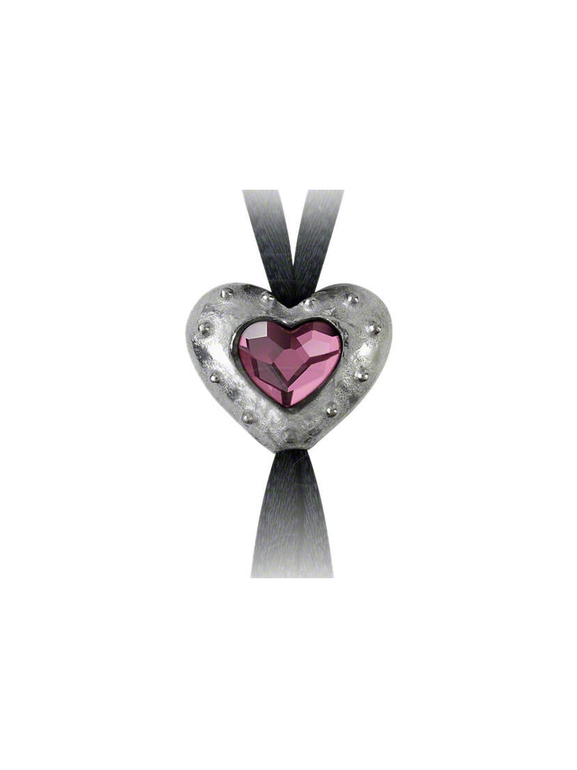 Tightlace Corset Bangle with silver heart-shaped metal frame and faceted pink crystal center on black ribbon
