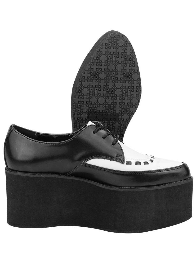 T.U.K. A8665 - White Black Creepers T.U.K. A8665 - White Black Creepers platform shoes with black and white upper, lace-up front, thick sole