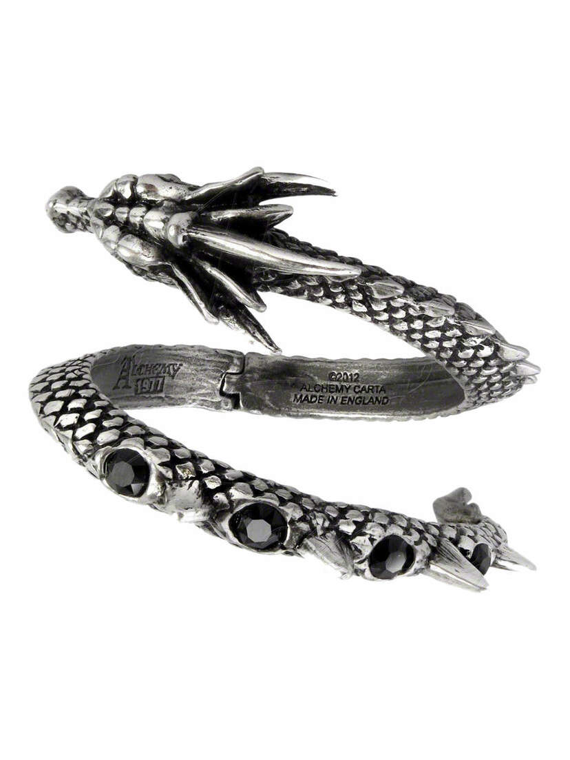 Vis Viva Bracelet in antiqued silver, dragon scale texture, clawed ends, and three black stones