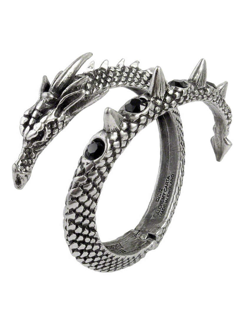 Vis Viva Bracelet in antiqued silver-tone metal shaped like a dragon with black gemstone eyes and spikes