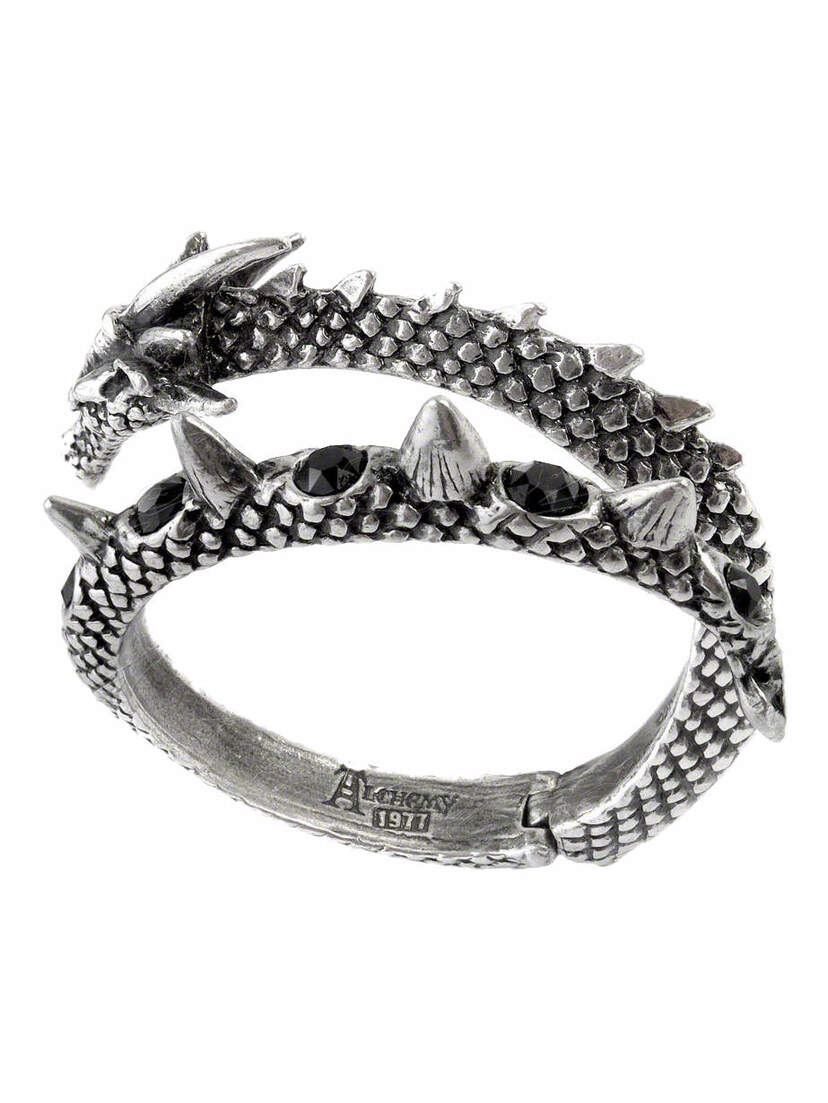 Vis Viva Bracelet in antiqued silver-tone metal shaped like a dragon with black stones and textured scales