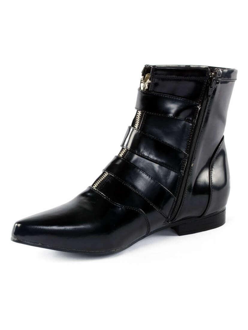 Left side view of BROGUE-06 Skull Buckle Boots in black with pointed toe, straps, and side zipper