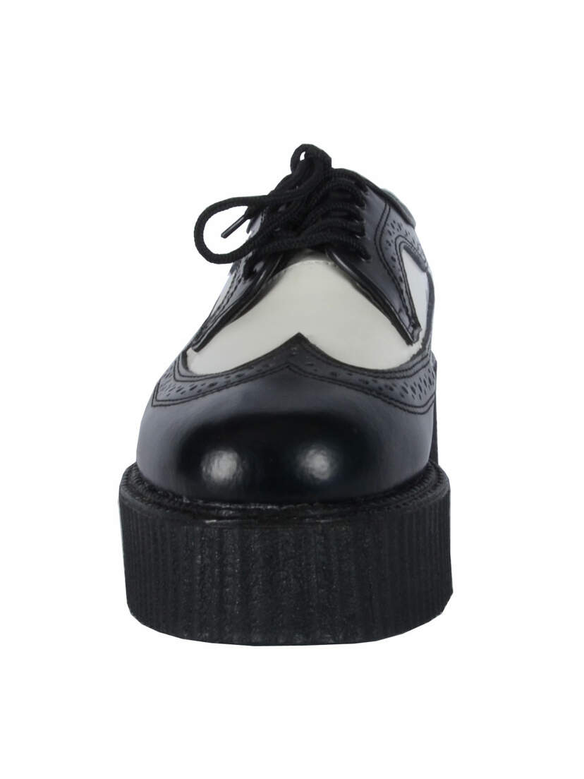 Front view of CREEPER-408 Black White Creepers with thick platform sole and lace-up closure