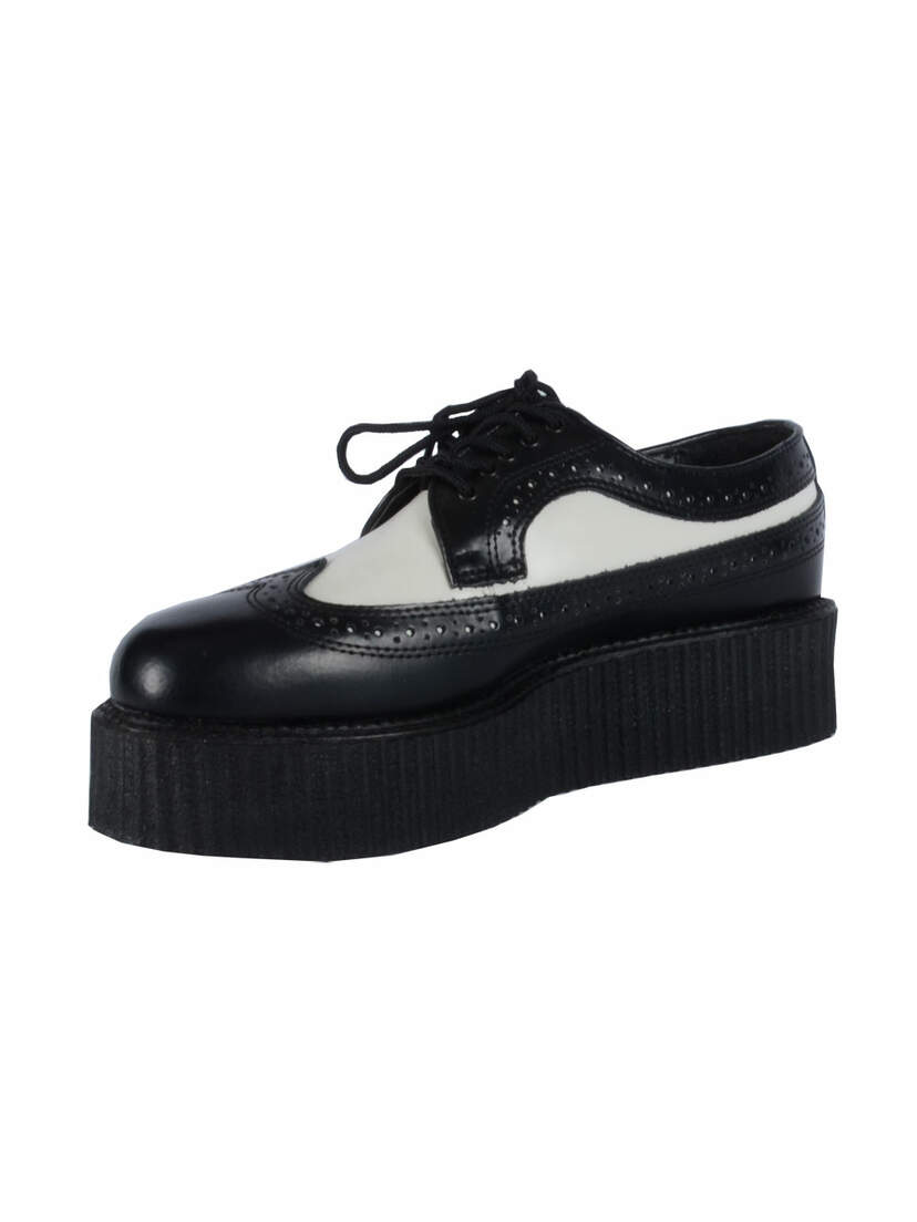 CREEPER-408 black and white creepers with lace-up front, brogue detail, and thick ribbed platform
