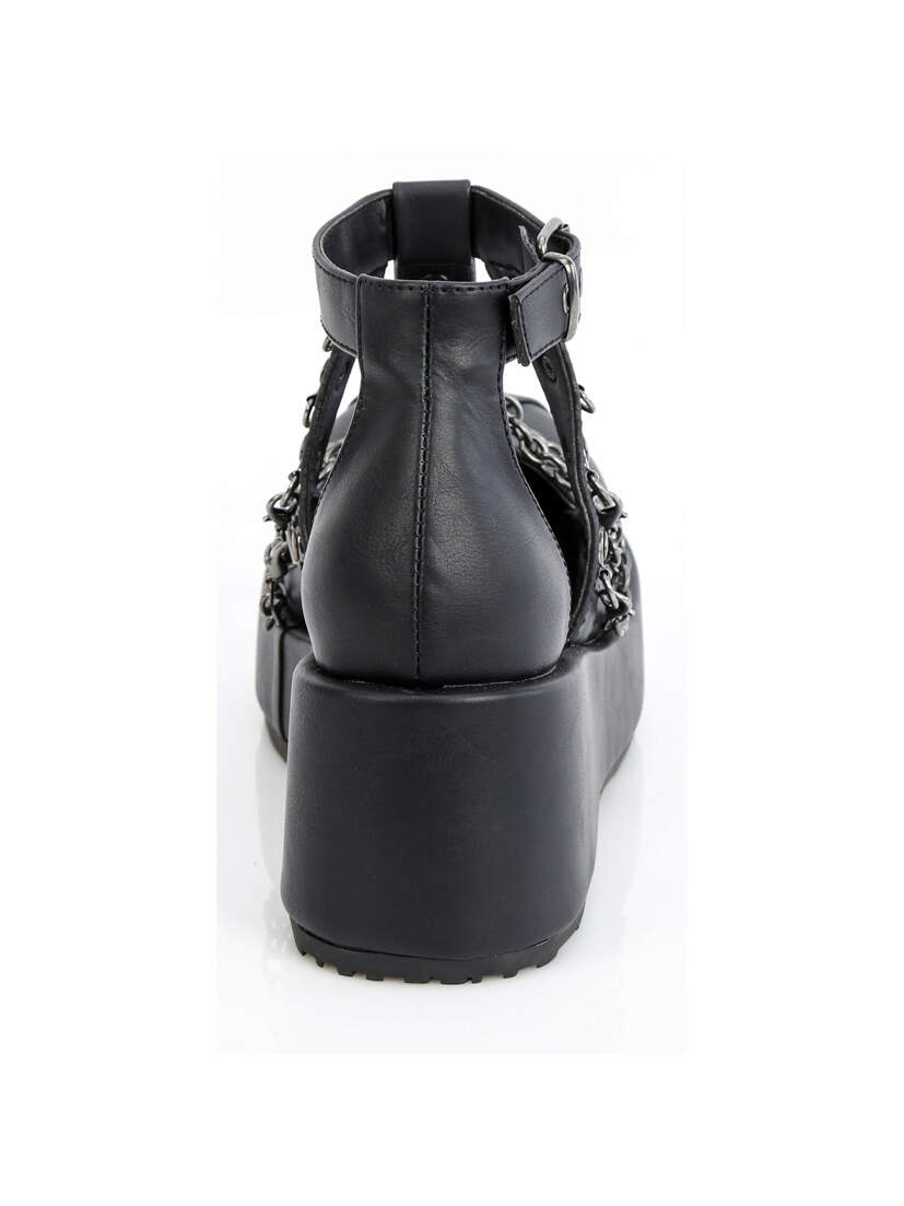 CUBBY-28 Platform Cage Shoes by Demonia Back view of black CUBBY-28 platform cage shoes featuring a chunky heel and buckle strap.